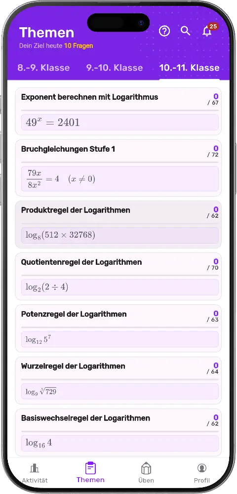 MatheApp Beispielaufgaben zu Logarithmen und Bruchgleichungen in der 10.-11. Klasse