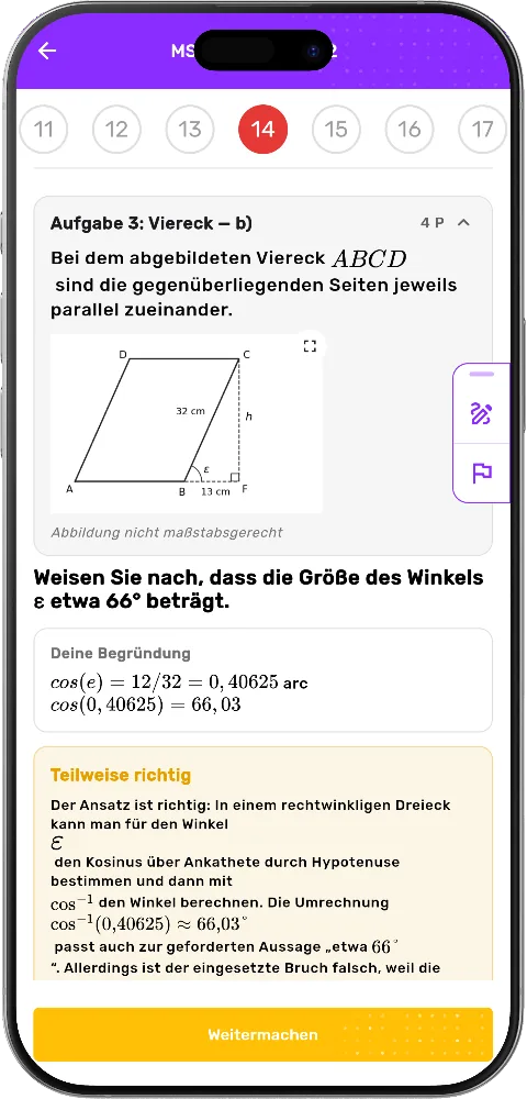 MSA-Aufgabe mit eigener Begründung und Auswertung „teilweise richtig“