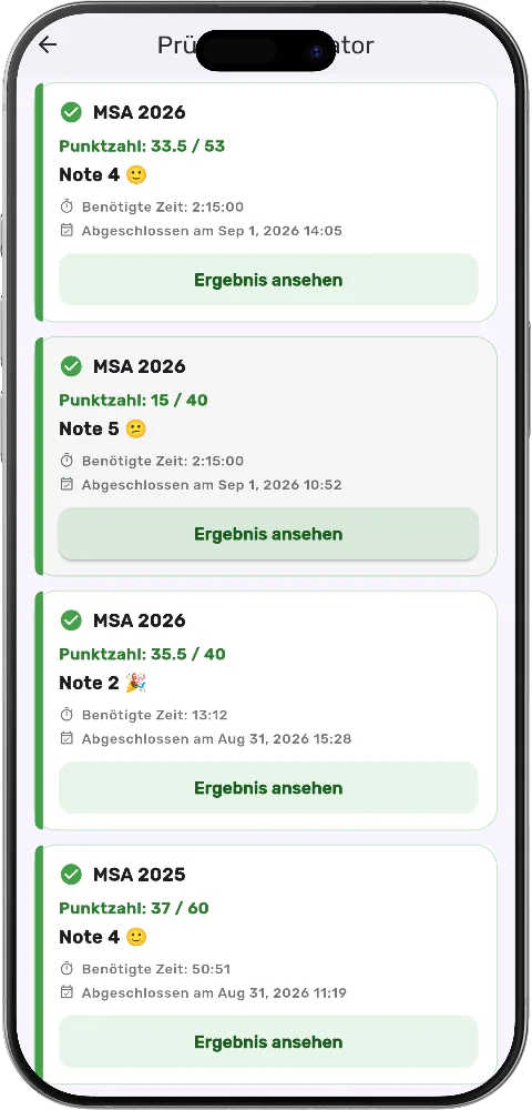 Verlauf abgeschlossener MSA-Prüfungen mit Punktzahl, Note 1–6 und Datum